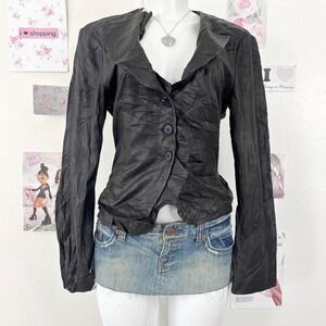 Armani Collezioni Y2K Black Textured Leather Button-Up Blazer Size 8